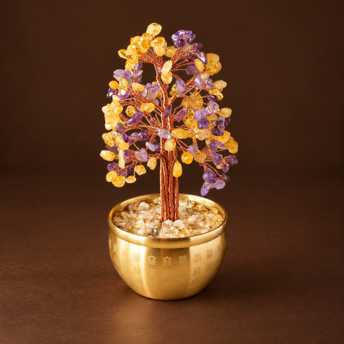 Amethyst & Citrine chip money tree in a gold-tone fortune bowl