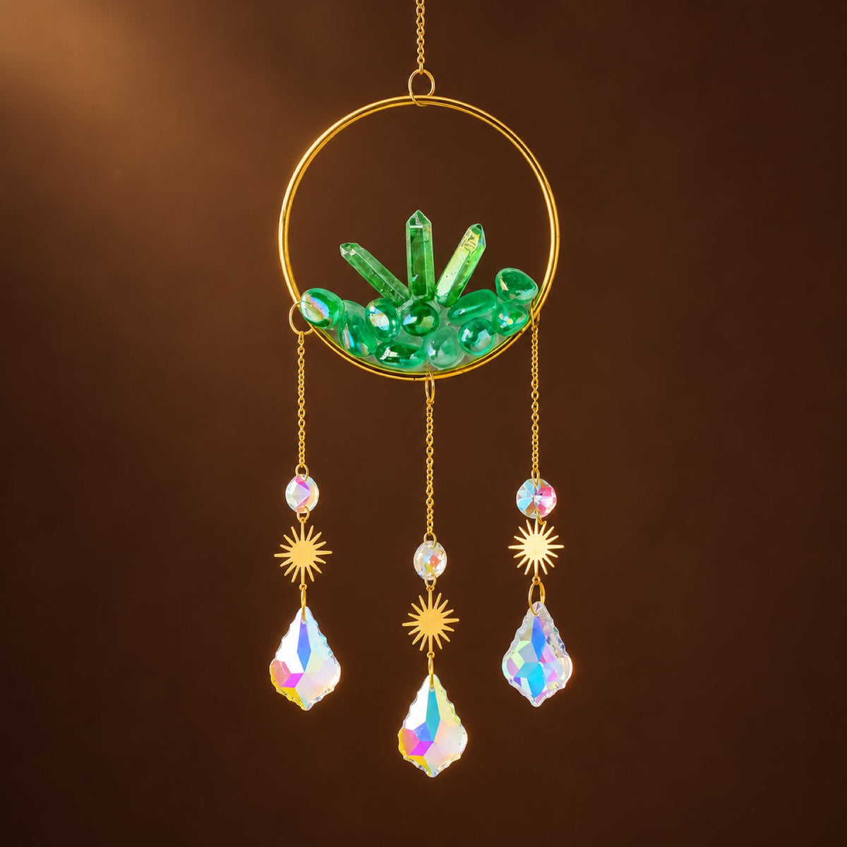 Green Aura Quartz (coated) hoop suncatcher with glass prisms