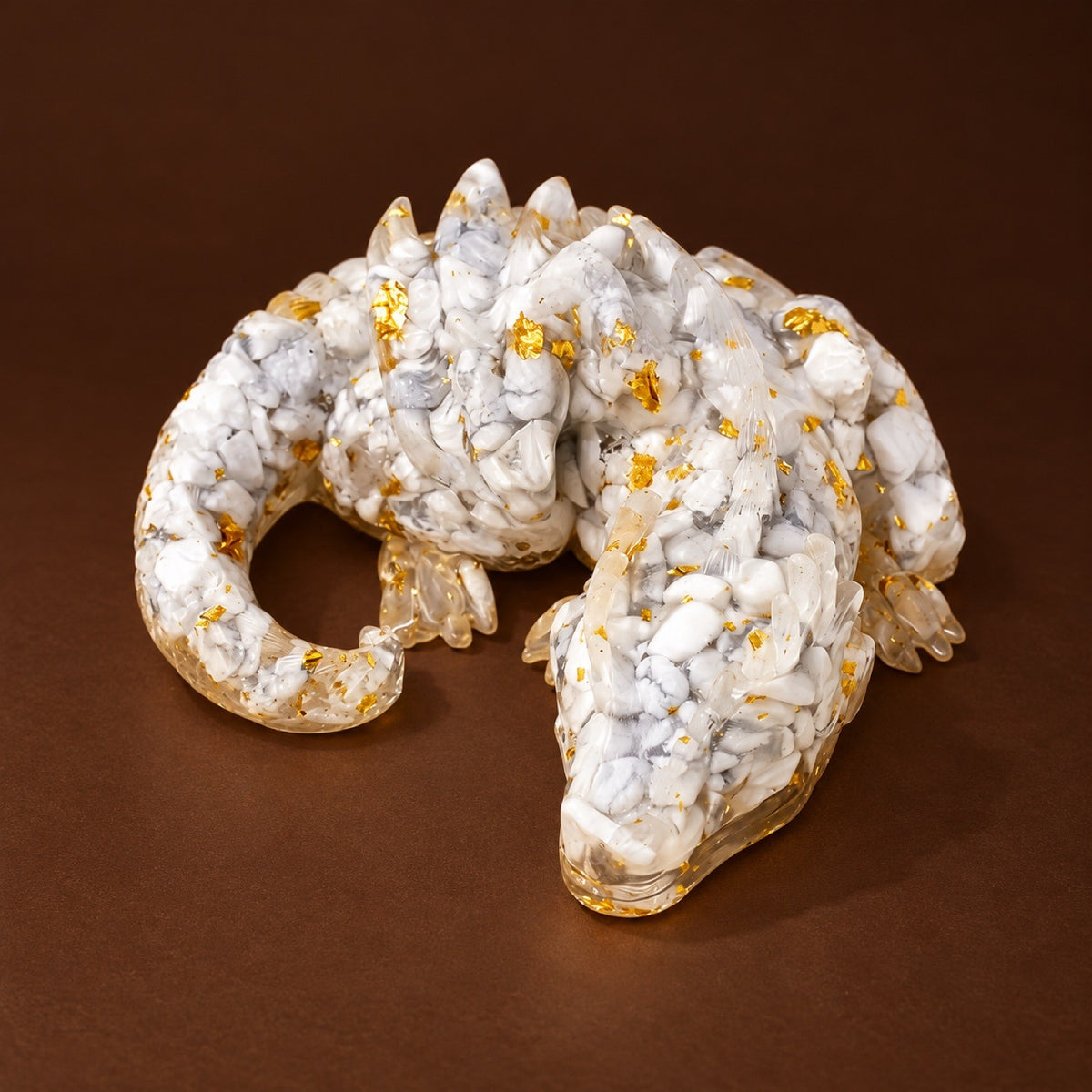 Resin sleeping dragon figurine with Howlite chips and gold flakes
