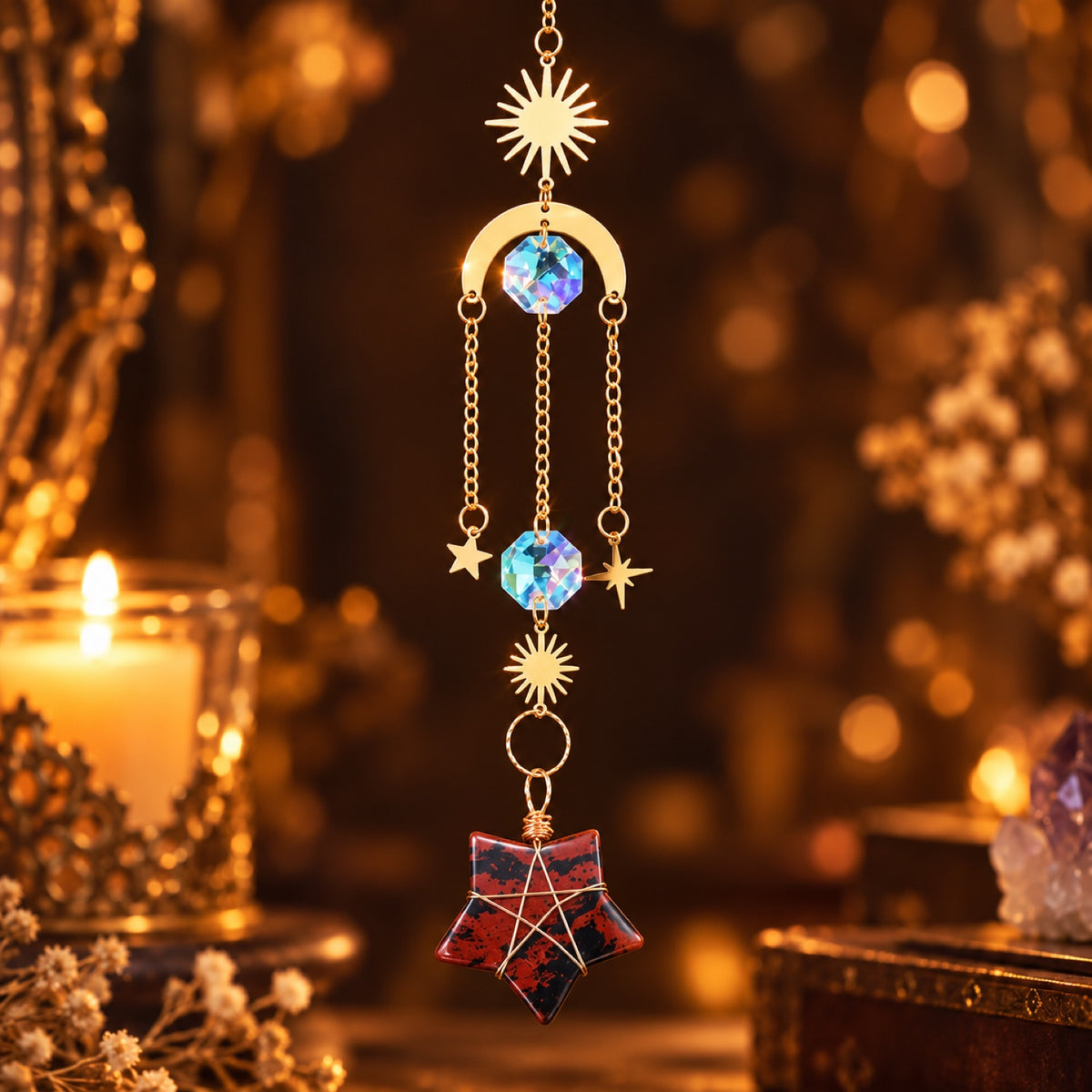 Sun and moon suncatcher with wire-wrapped Mahogany Obsidian star and glass prisms