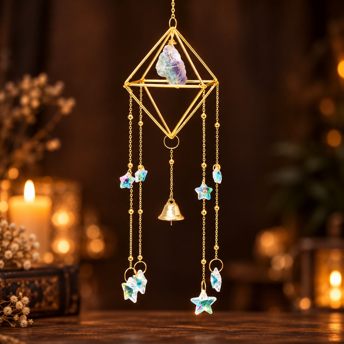 Raw Rainbow Fluorite wind chime with glass prisms and bell