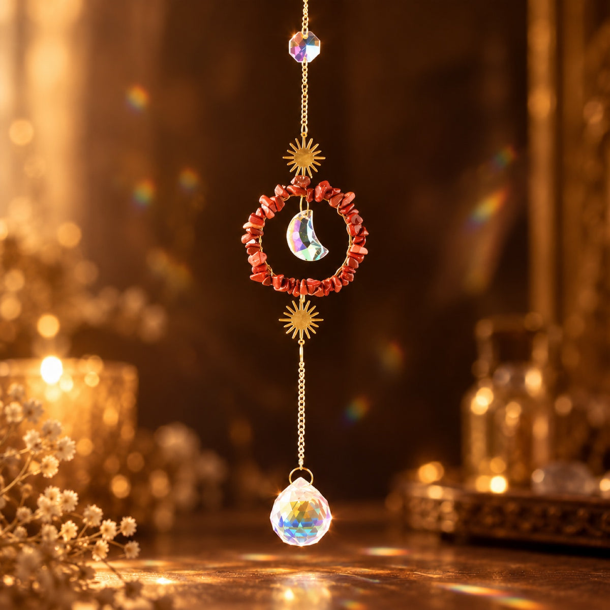 Red Jasper chip sun and moon suncatcher with glass prism