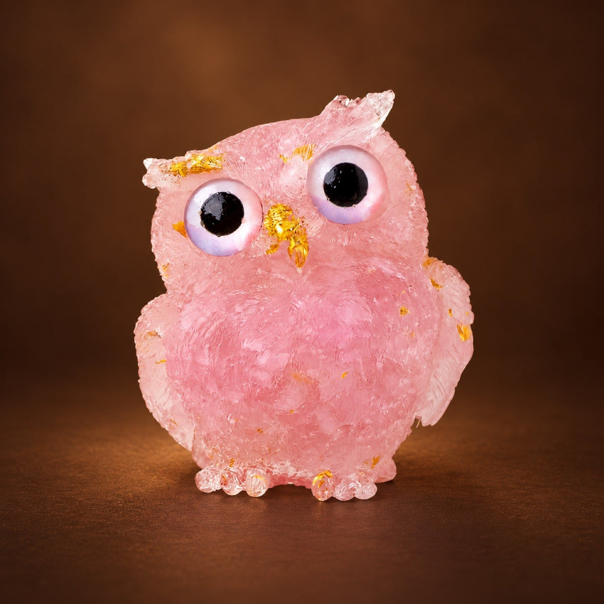 Resin owl figurine with Rose Quartz chips and gold flakes