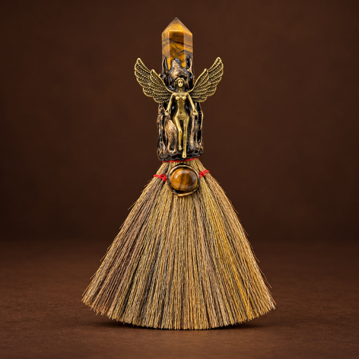 Mini witch broom with Tiger's Eye point and bronze-tone charm