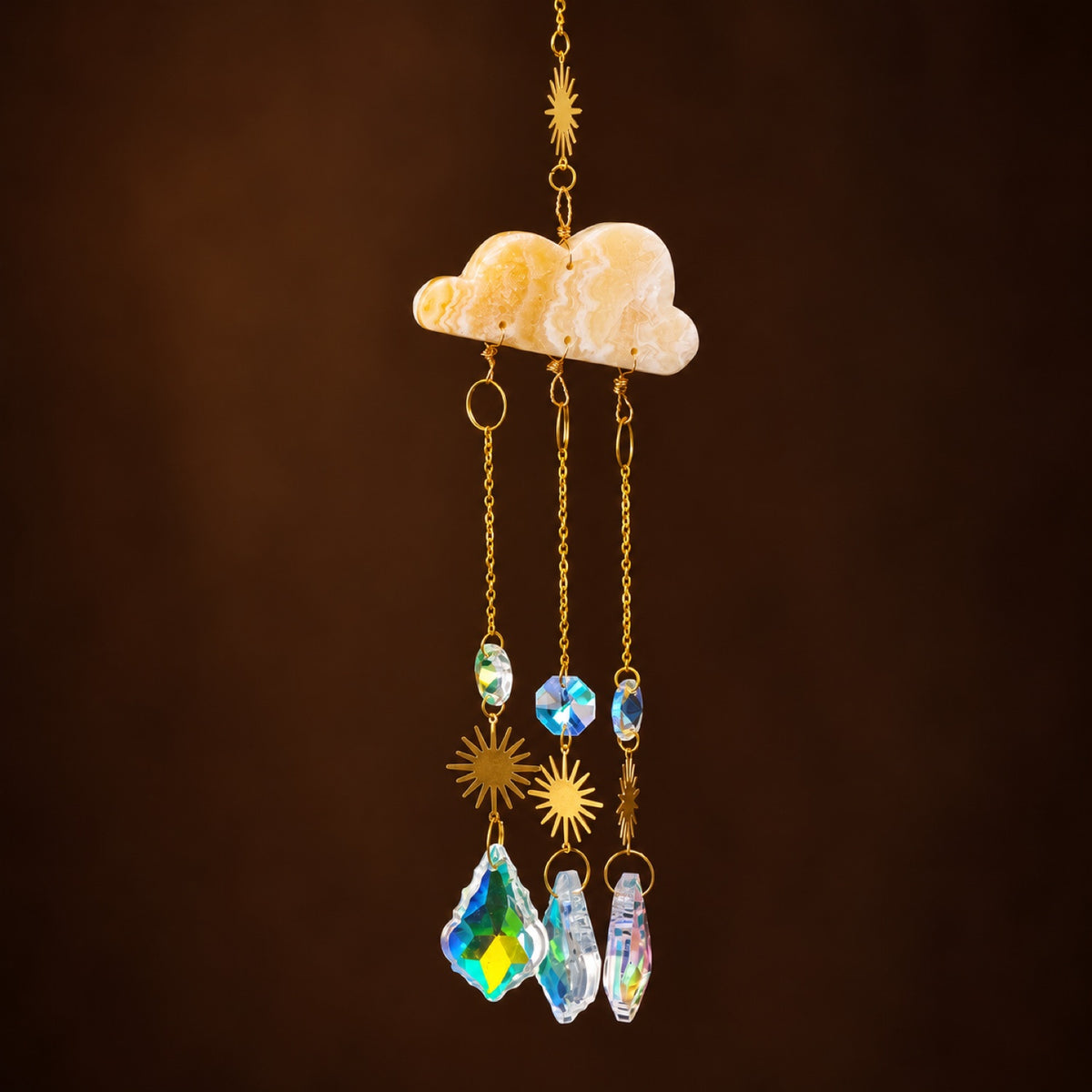 Yellow Calcite cloud suncatcher with gold sun charms and glass prisms
