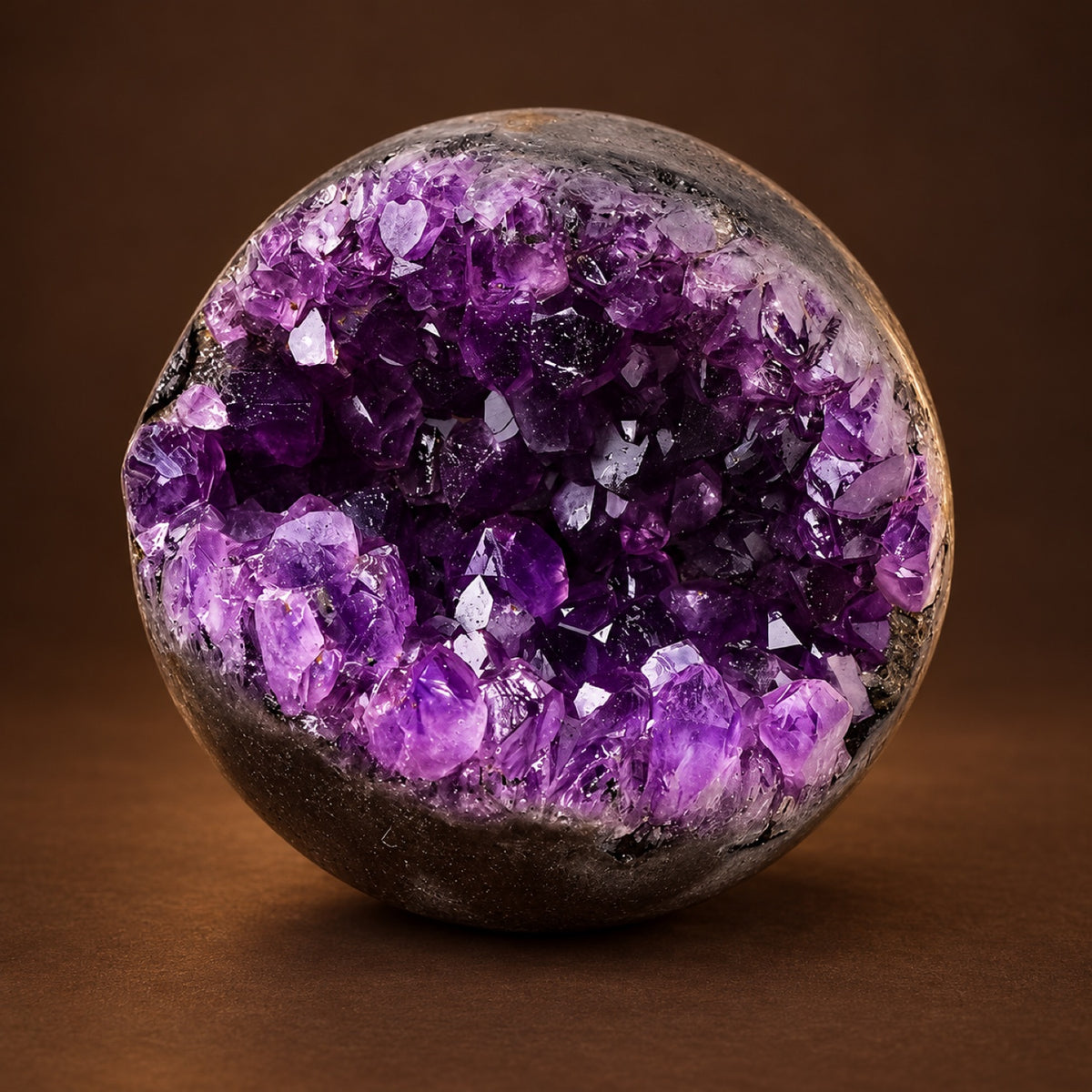 Natural amethyst geode sphere with purple crystal cave, view 4