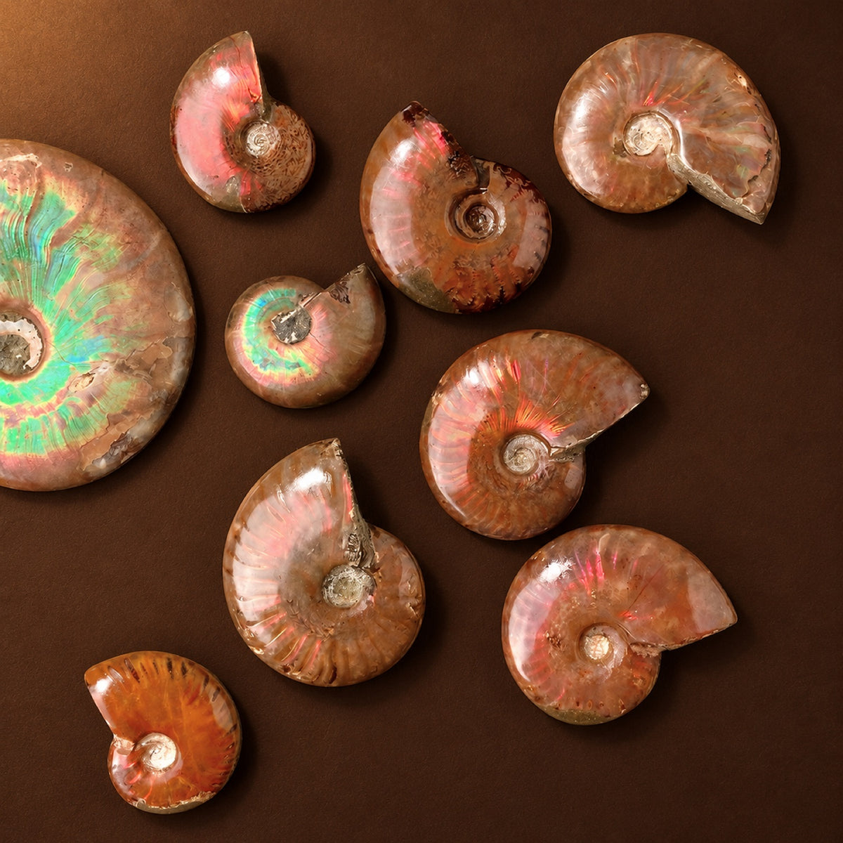 Group of polished iridescent ammonite fossils from Madagascar