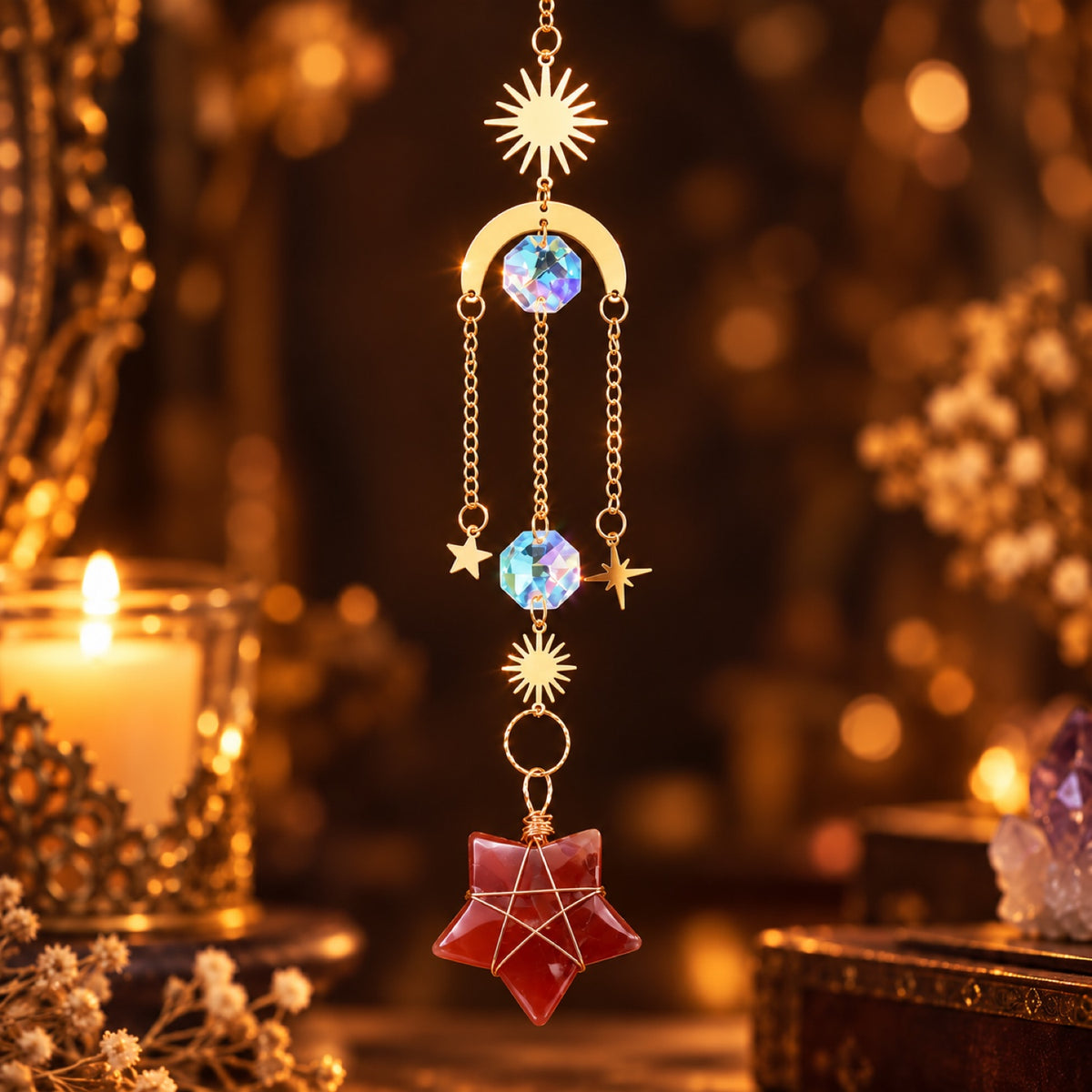 Sun and moon suncatcher with wire-wrapped Red Agate star and glass prisms