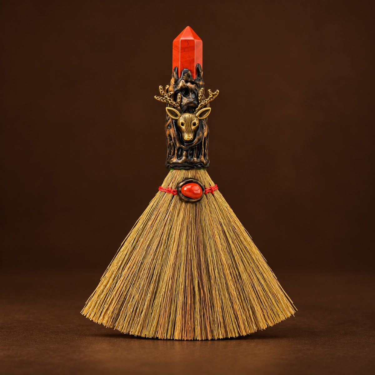 Mini witch broom with Red Jasper point and bronze-tone charm