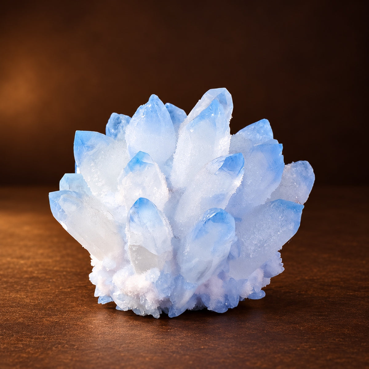 Blue (color-enhanced) quartz crystal cluster on a display base