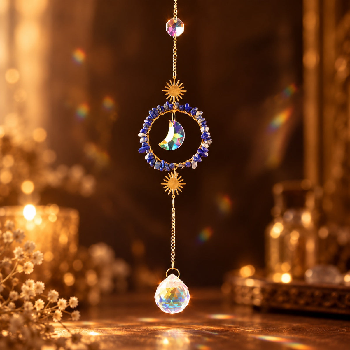 Lapis Lazuli chip sun and moon suncatcher with glass prism