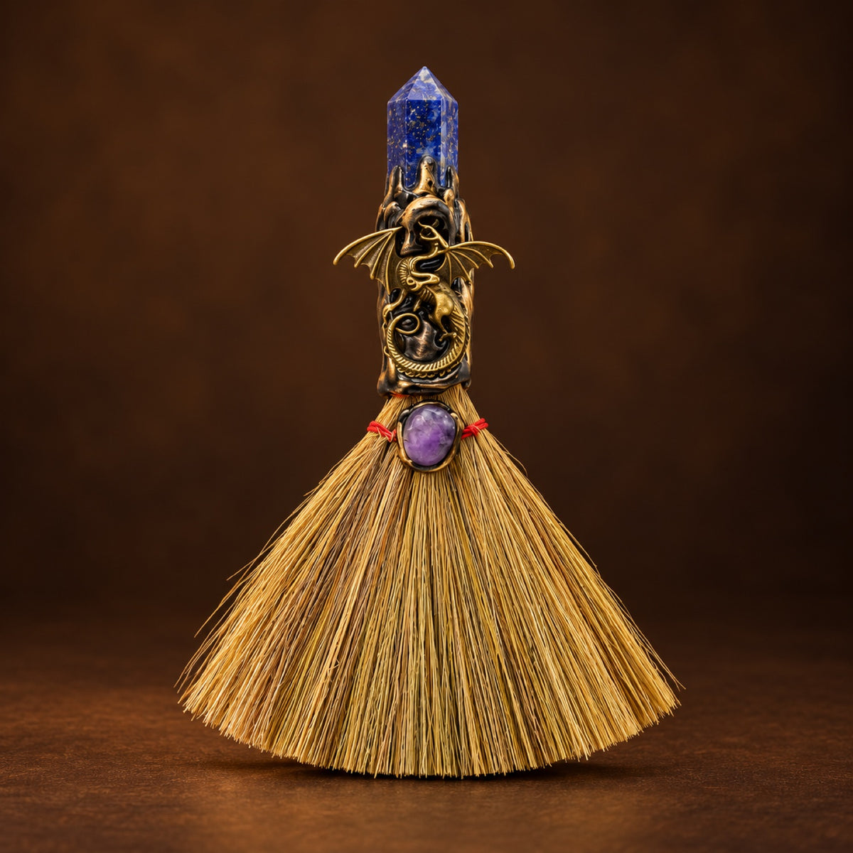Mini witch broom with Lapis Lazuli point and bronze-tone charm