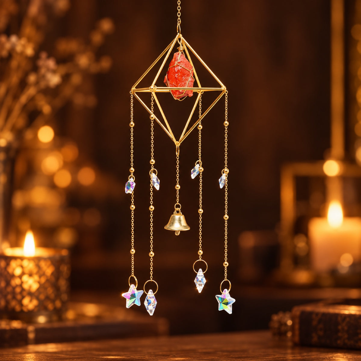 Raw Red Jasper wind chime with glass prisms and bell