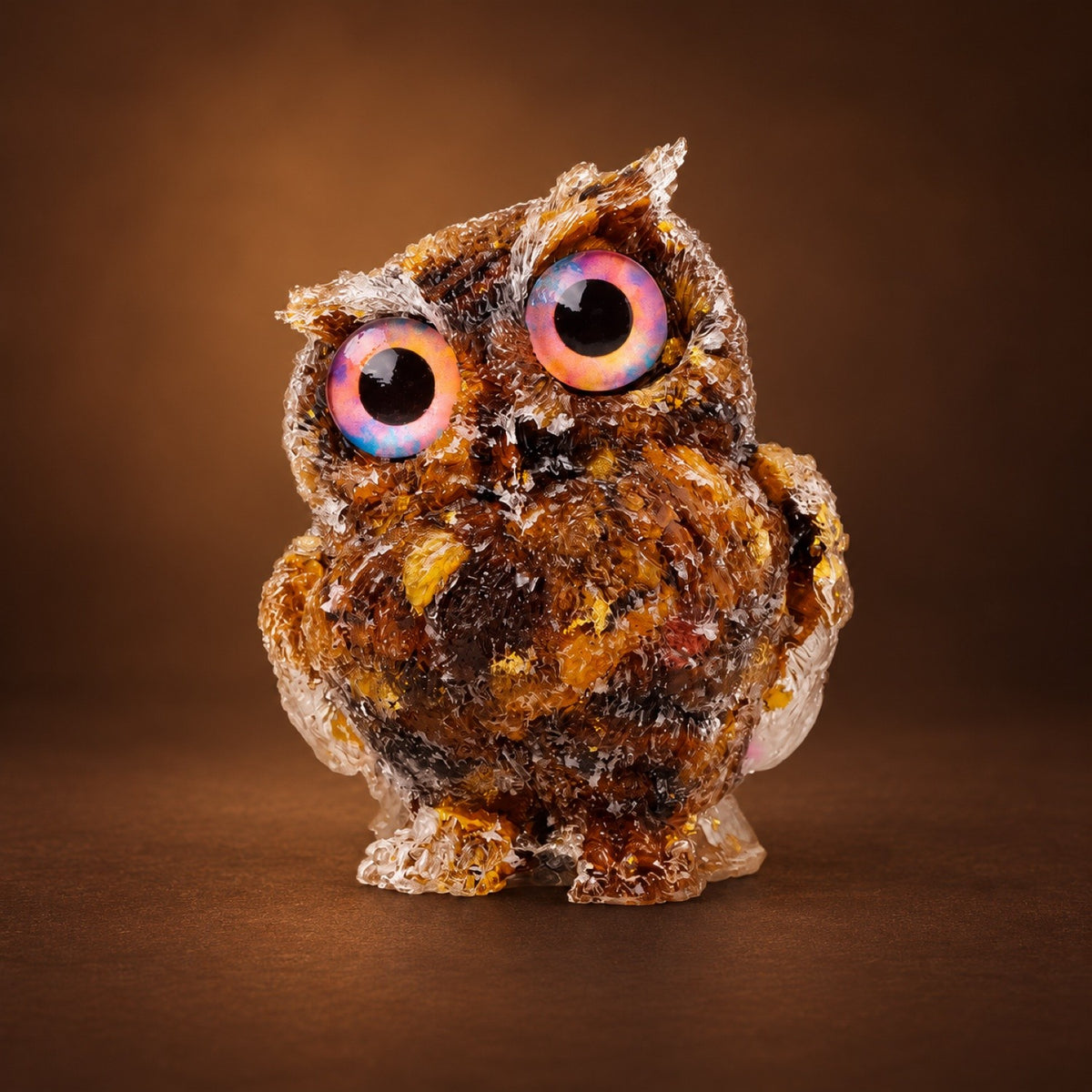 Resin owl figurine with Tiger's Eye chips and gold flakes