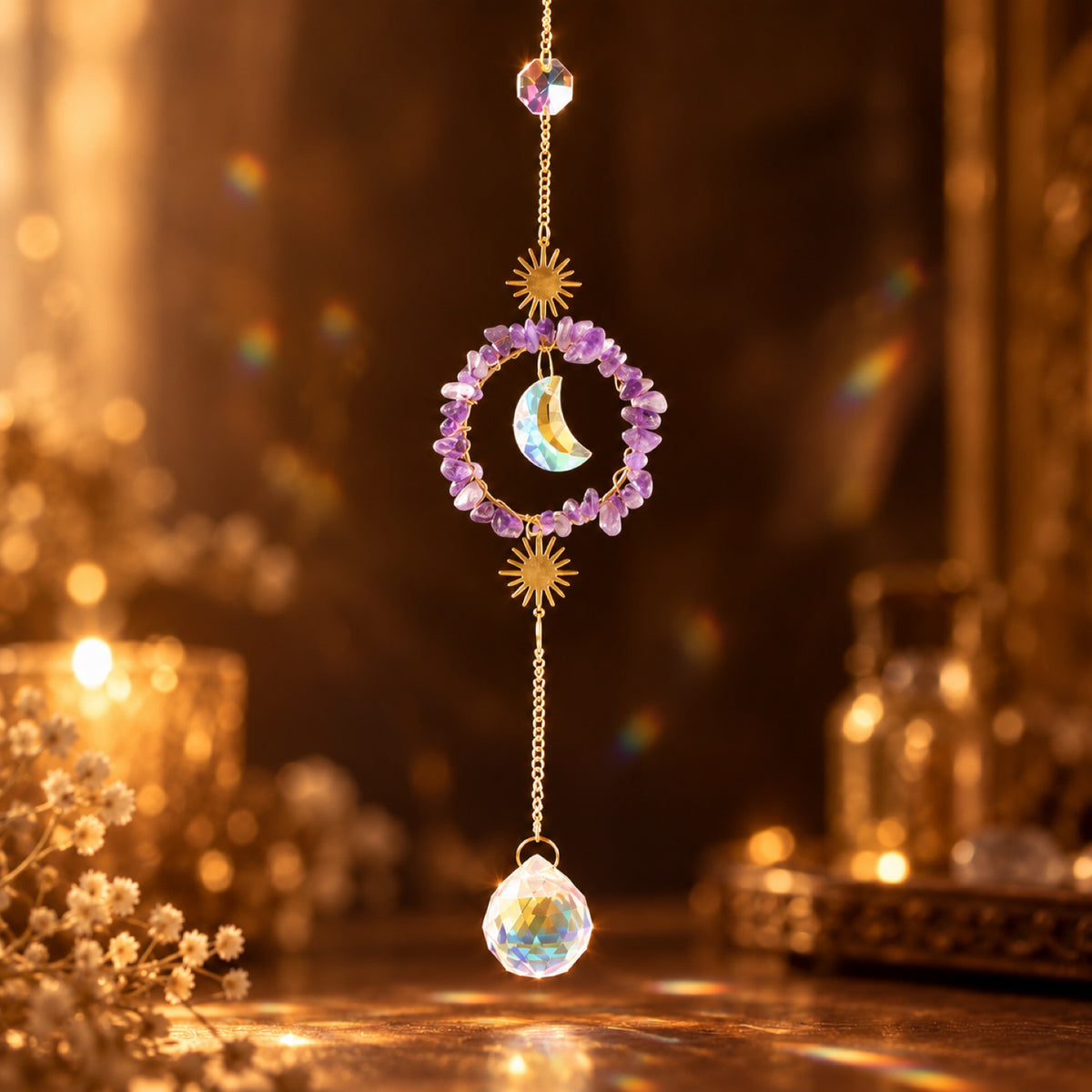 Amethyst chip sun and moon suncatcher with glass prism