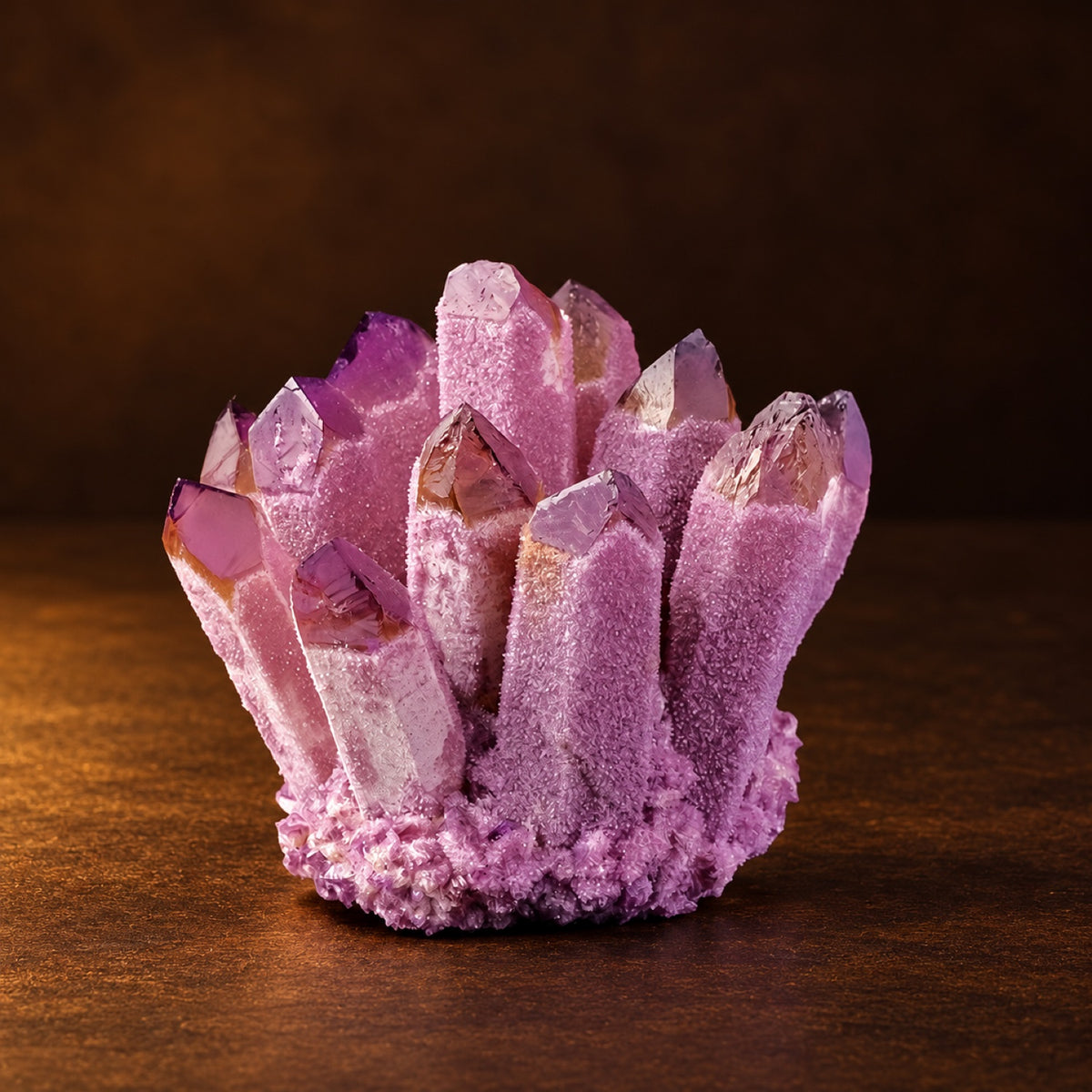 Deep Purple (color-enhanced) quartz crystal cluster on a display base