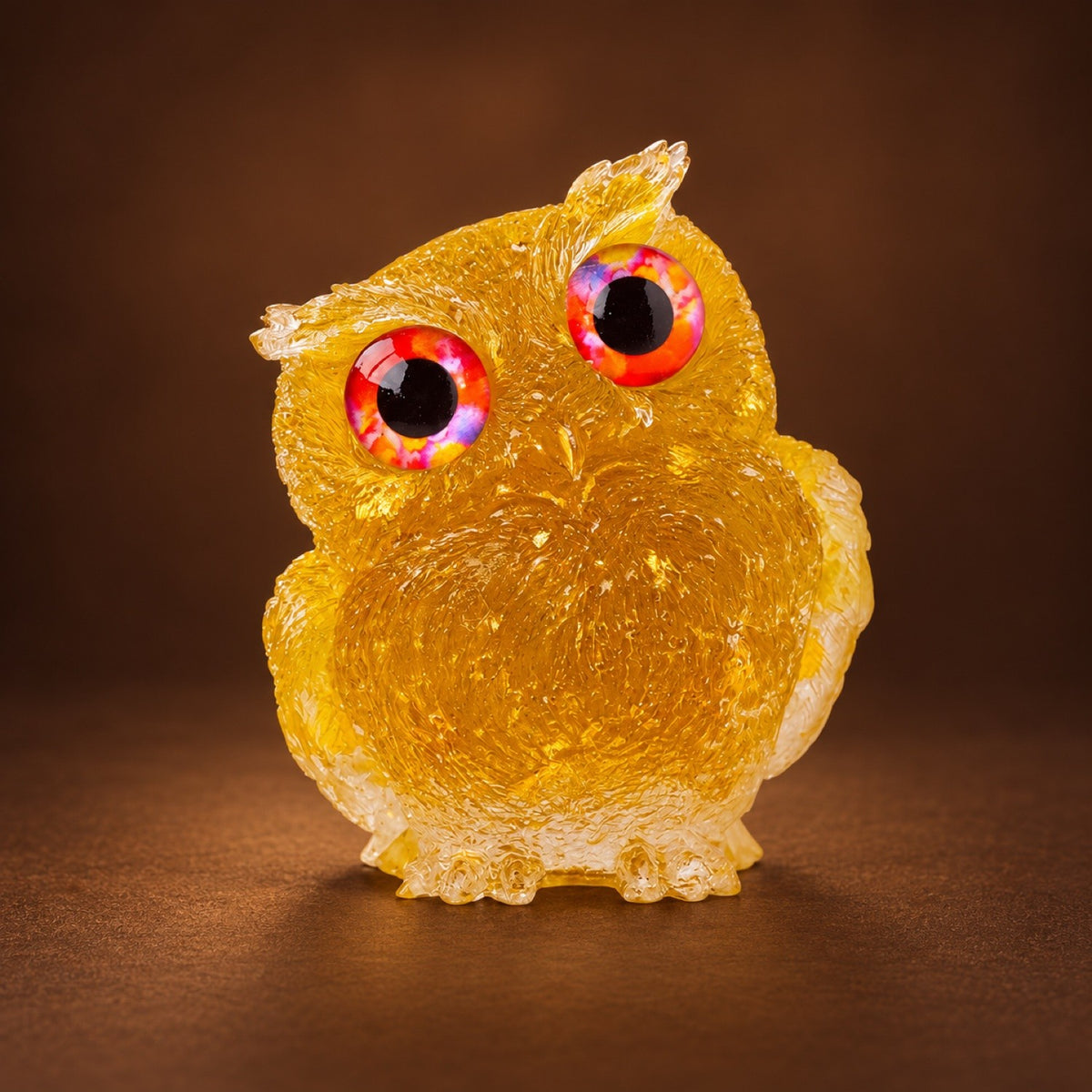 Resin owl figurine with Dyed Yellow Quartz chips and gold flakes