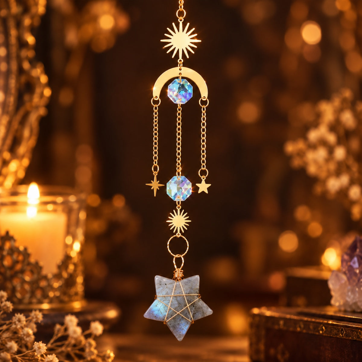 Sun and moon suncatcher with wire-wrapped Labradorite star and glass prisms