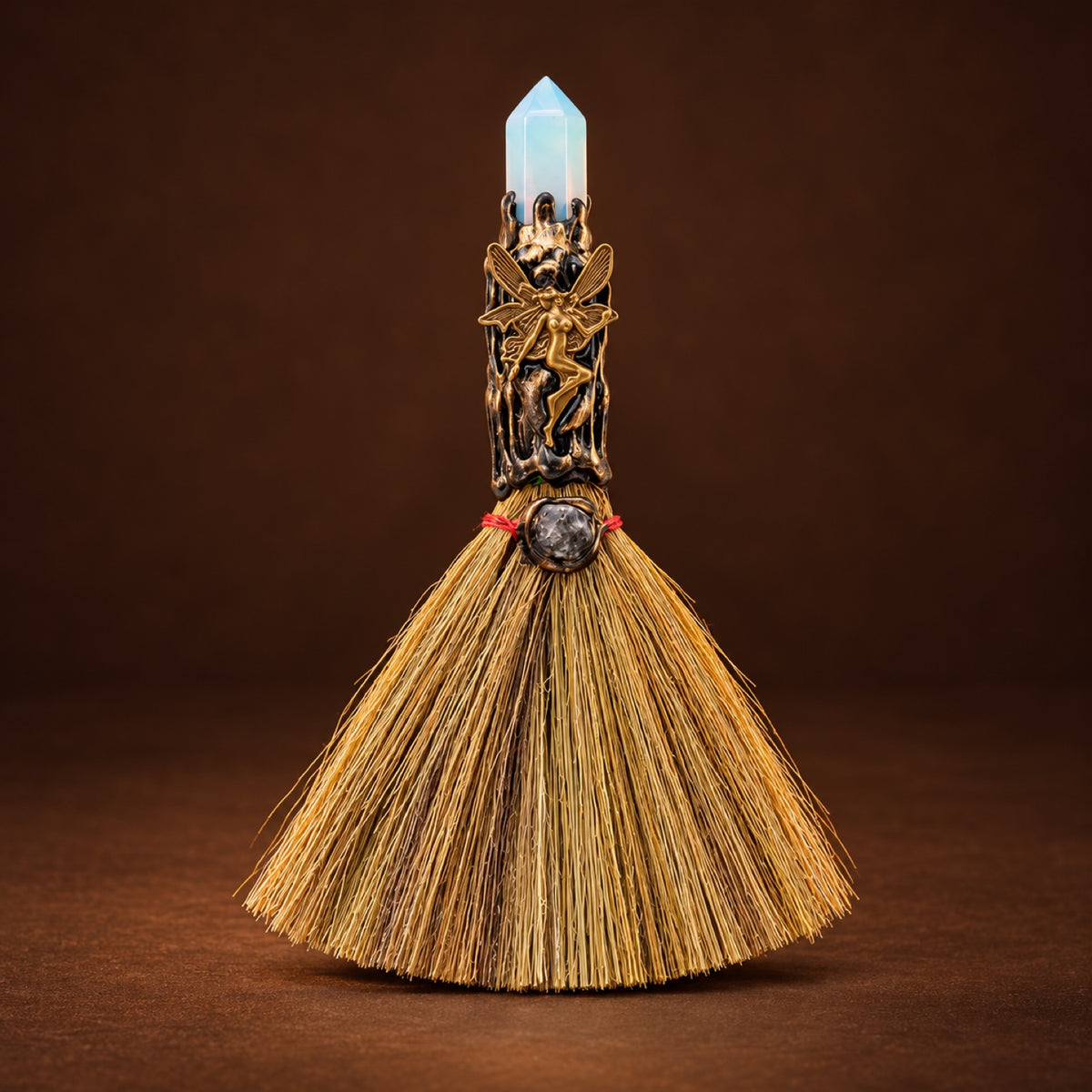 Mini witch broom with Opalite (glass) point and bronze-tone charm