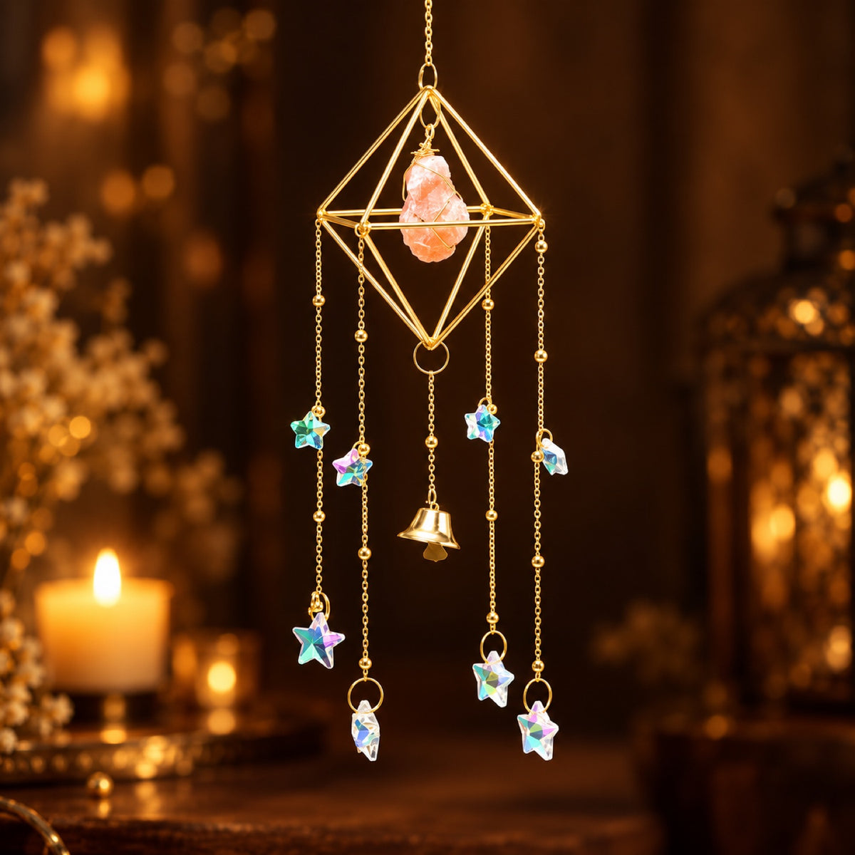 Raw dyed Orange Selenite wind chime with glass prisms and bell