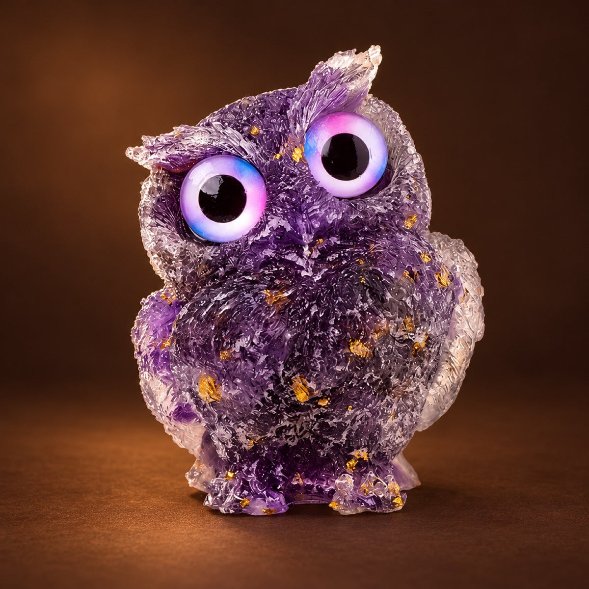 Resin owl figurine with Amethyst chips and gold flakes