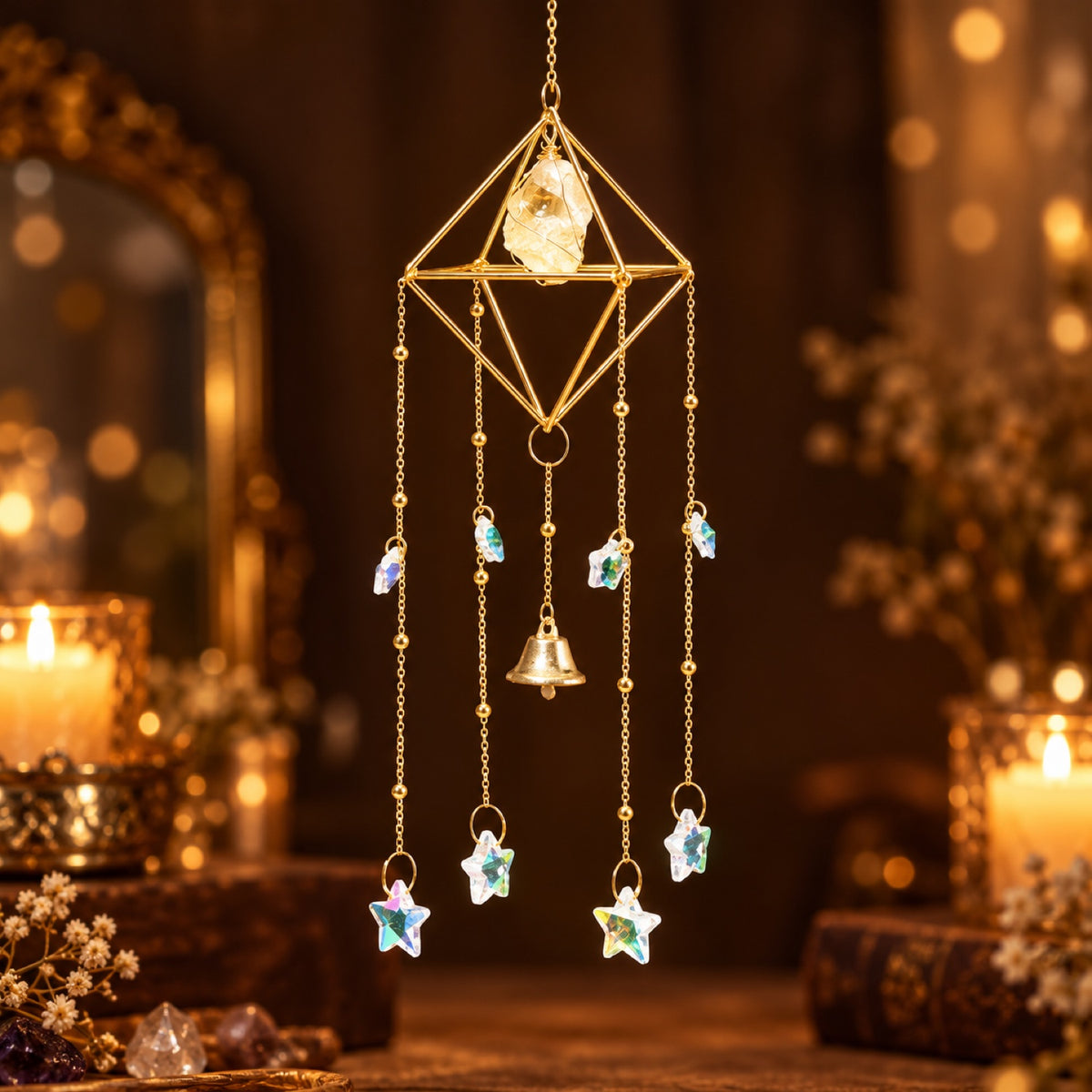 Raw Citrine wind chime with glass prisms and bell