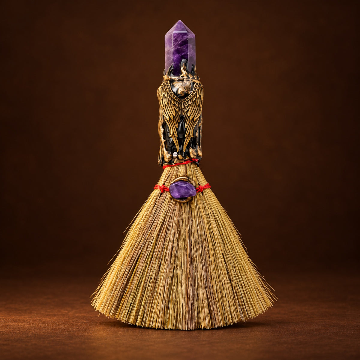 Mini witch broom with Dream Amethyst point and bronze-tone charm