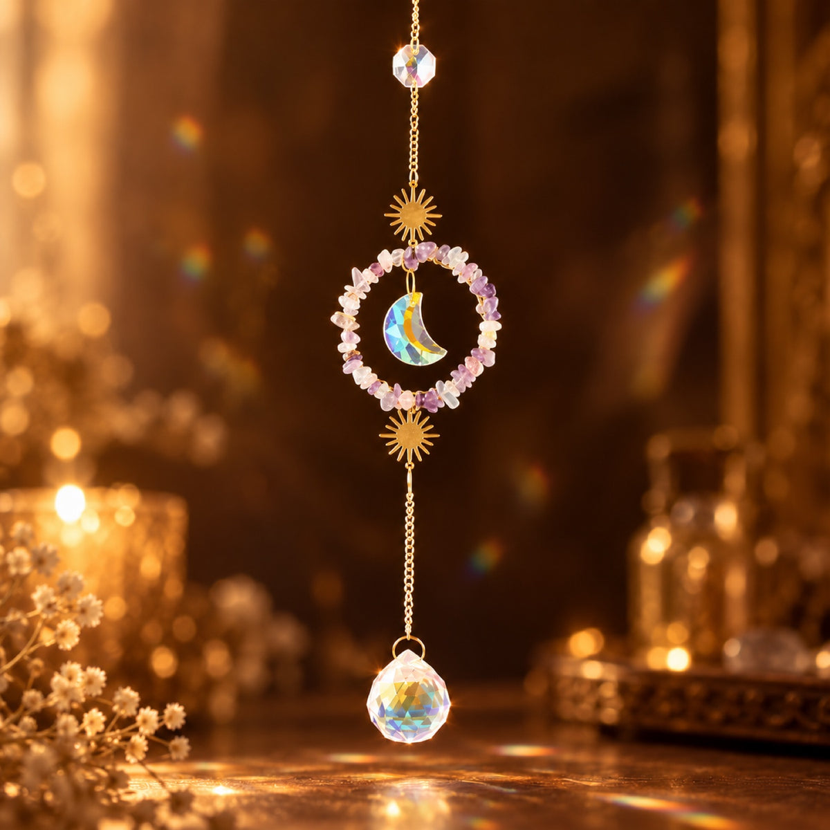 Fluorite chip sun and moon suncatcher with glass prism