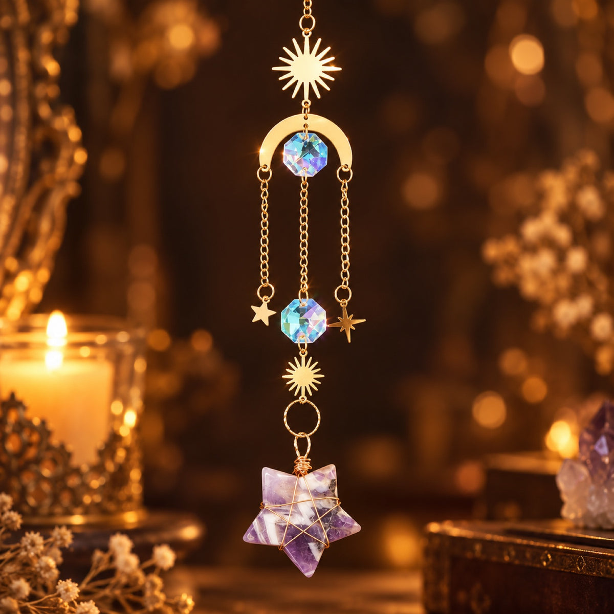 Sun and moon suncatcher with wire-wrapped Dream Amethyst star and glass prisms