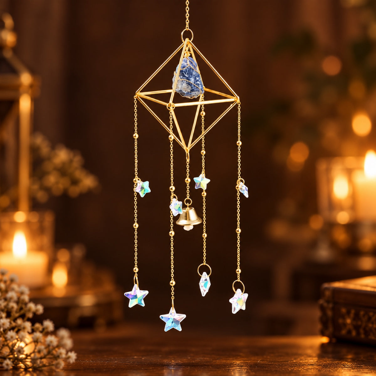 Raw Lapis Lazuli wind chime with glass prisms and bell