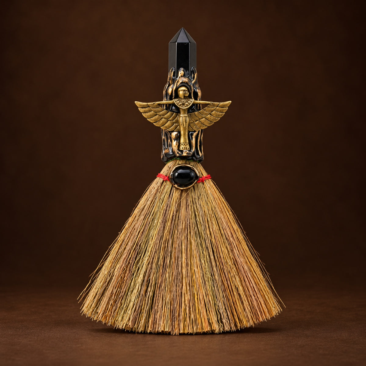 Mini witch broom with Obsidian point and bronze-tone charm