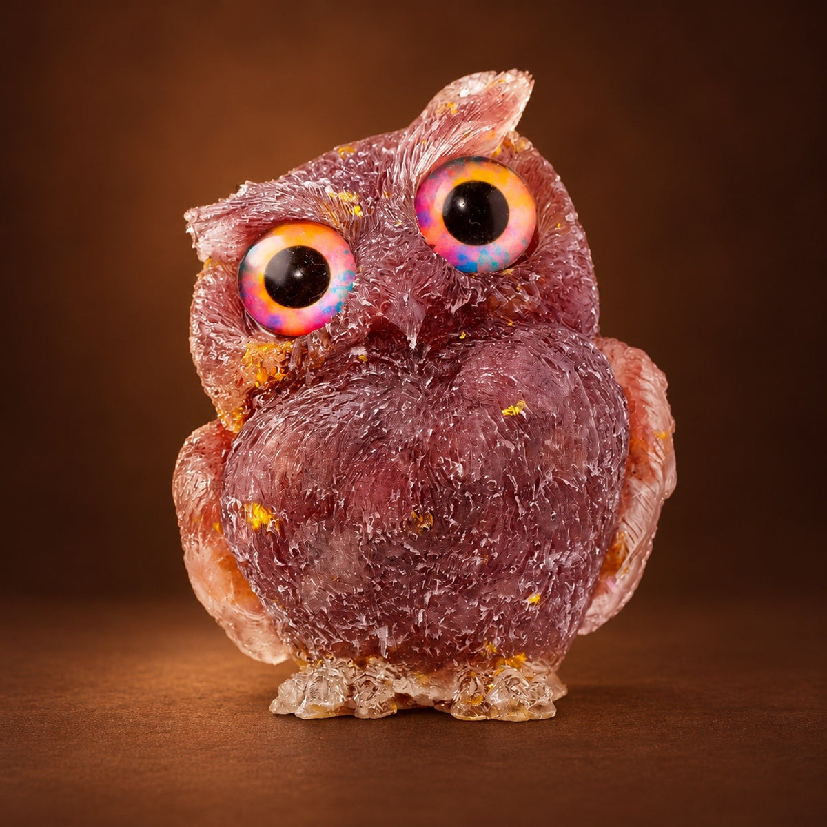 Resin owl figurine with Strawberry Quartz chips and gold flakes