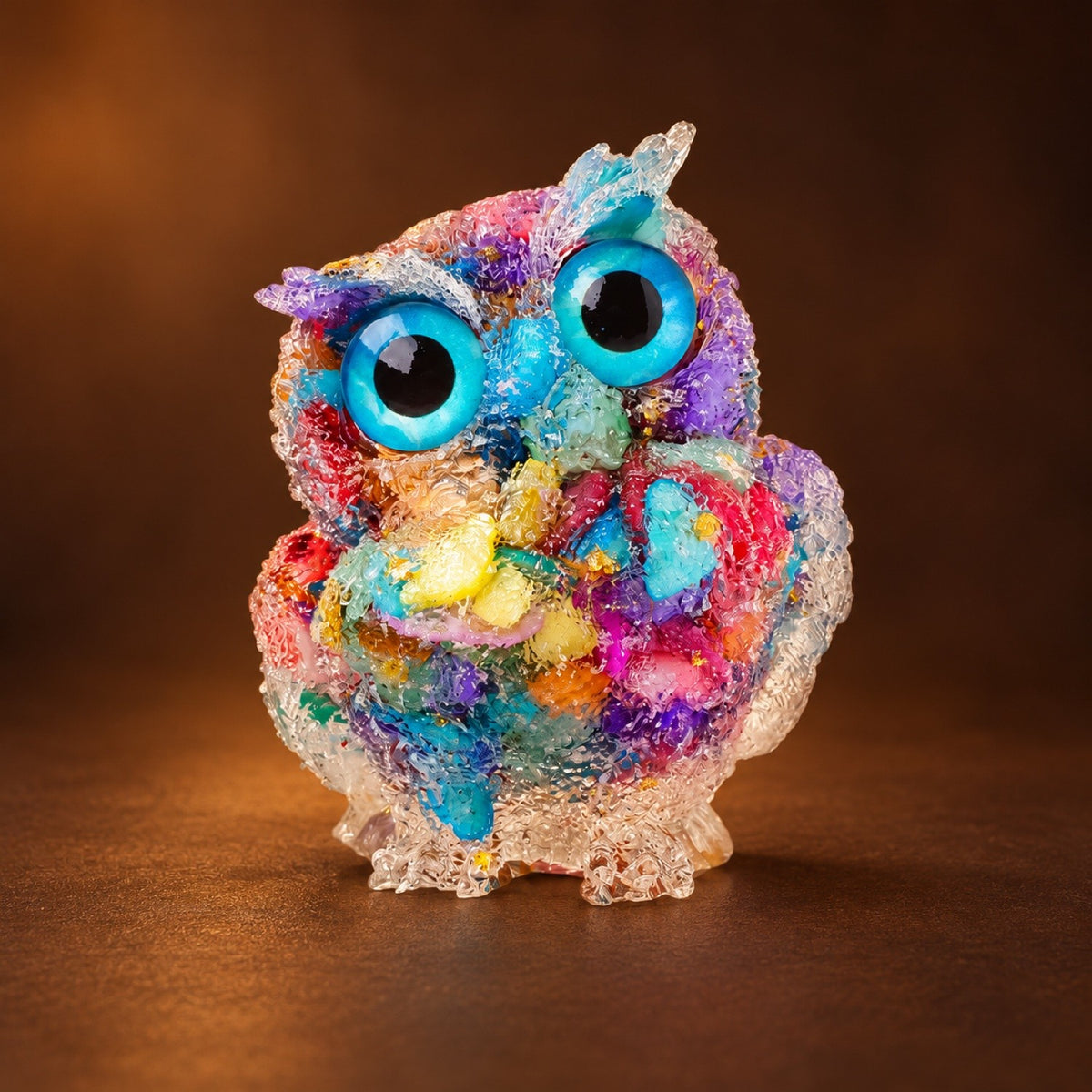 Resin owl figurine with Rainbow Shell chips and gold flakes
