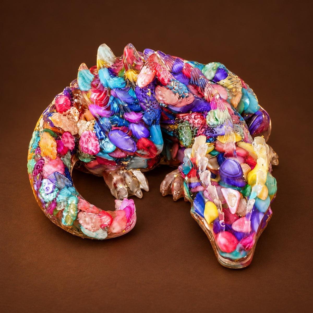 Resin sleeping dragon figurine with Rainbow Shell chips and gold flakes