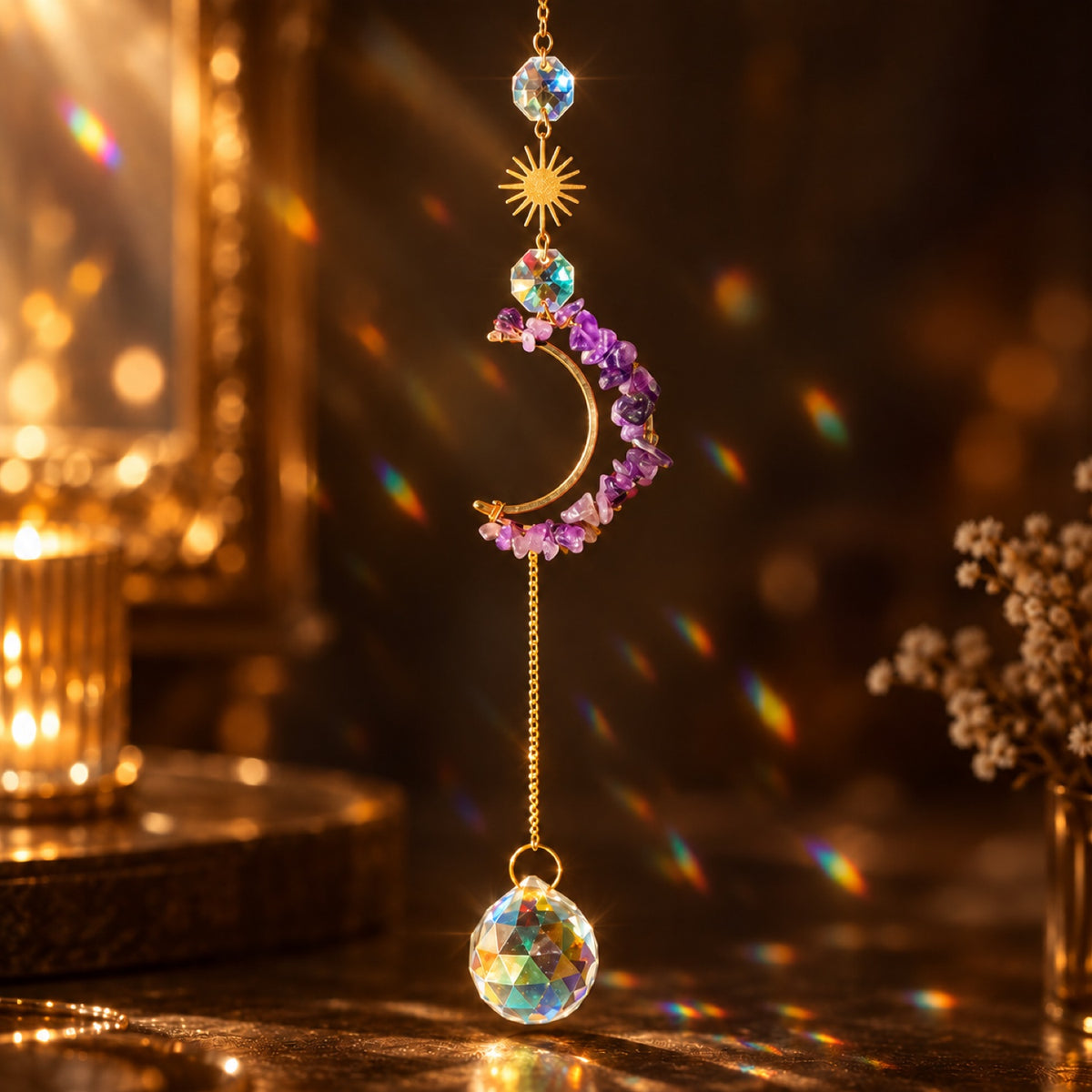 Amethyst chip crescent moon suncatcher with glass prism ball