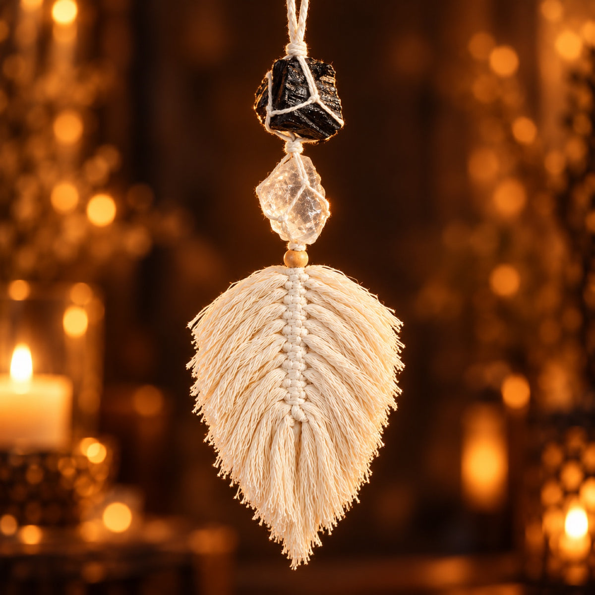 Macramé feather hanging with raw Black Tourmaline & Clear Quartz
