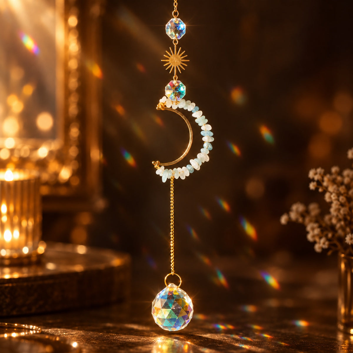 Aquamarine chip crescent moon suncatcher with glass prism ball