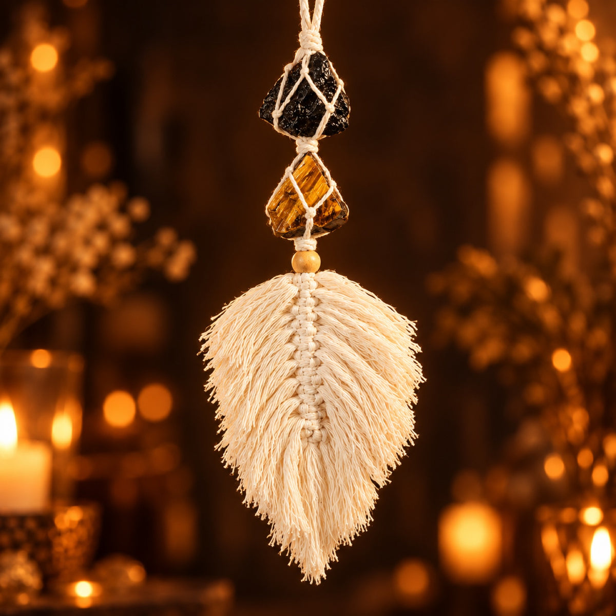 Macramé feather hanging with raw Black Tourmaline & Tiger's Eye