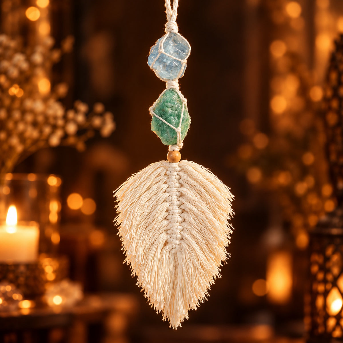 Macramé feather hanging with raw Celestite & Amazonite