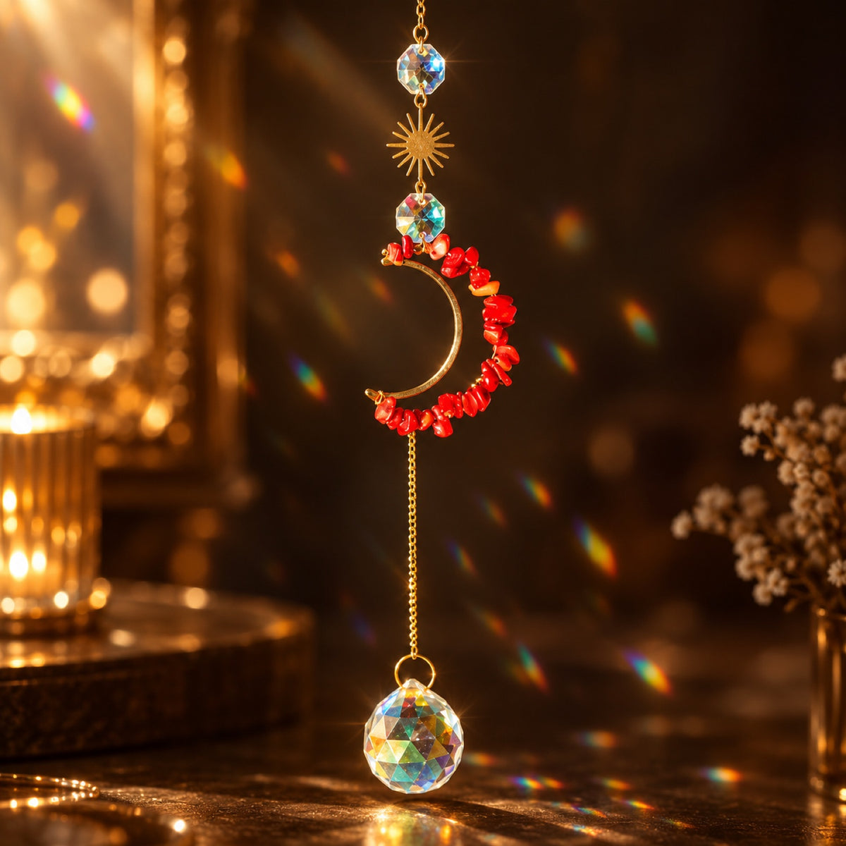 Red Agate chip crescent moon suncatcher with glass prism ball
