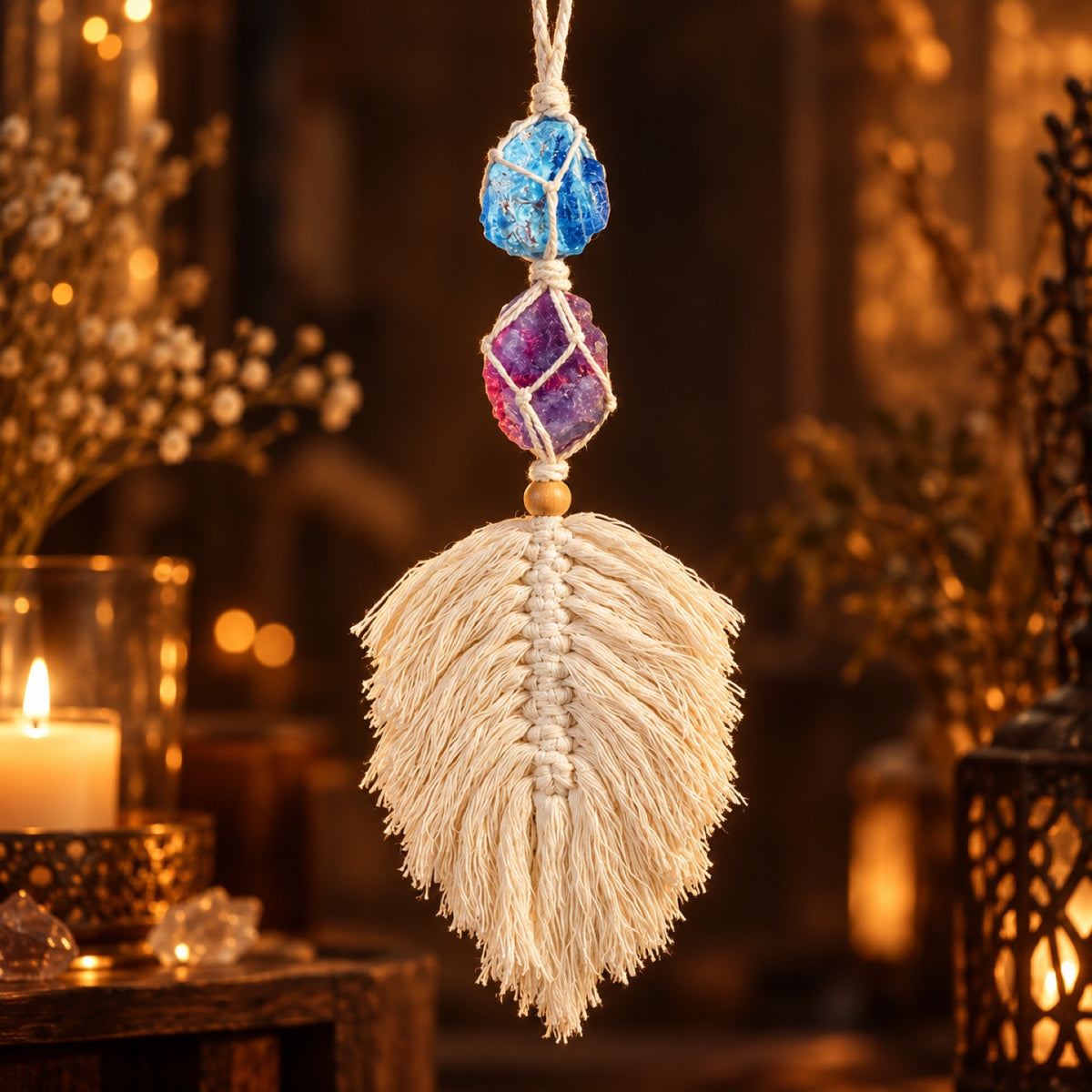 Macramé feather hanging with raw Blue Apatite & Pink Tourmaline